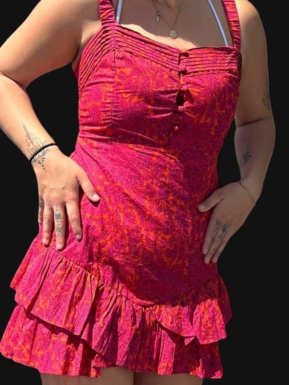 Feminine Pink & Orange Floral Ruffle Mini Dress